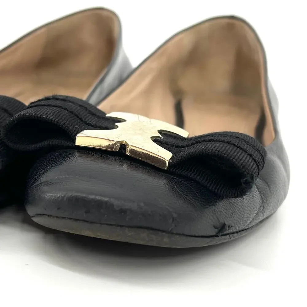 Tory Burch Black Leather Gemini Logo Flat Ballet‎ Pumps Ribbon Bow (5.5)